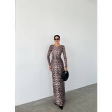 Kadın Leopar Desenli Uzun Elbise
