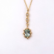 Fasek Gold Altın Kolye - Vintage Tasarım Sallantılı Oval Su Yeşili Taşlı Zirkon Taşlı 14 Ayar Altın Kolye