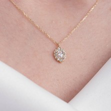 Fasek Gold Oval Signity (Zirkon) Taşlı Modern Tasarım 925 Ayar Gümüş Kolye