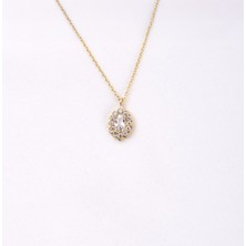 Fasek Gold Oval Signity (Zirkon) Taşlı Modern Tasarım 925 Ayar Gümüş Kolye