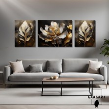 Gaagart 3lü Kanvas Şık Salon Duvar Tablosu Gold Gri Çiçek Tasarımı