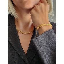 Eva Takı Zırh Örgü Model Çelik Zincir Dokuma Altın Kaplama Kolye Bileklik Set