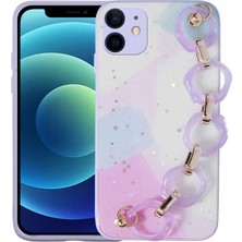 ekılıf - Apple iPhone 12 - Kılıf Simli Desenli El Askılı Tutacaklı Elsa Silikon Kapak - Lila - T23385