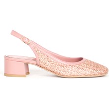 Dericlub Kadın Hasır Kare Burunlu Arkası Açık Kalın Topuklu Ayakkabı Pl 916128 Nar