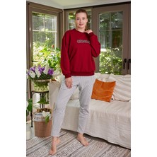 Yazı Detaylı Pijama Takımı - Kadın Çizgili Pijama Takımı