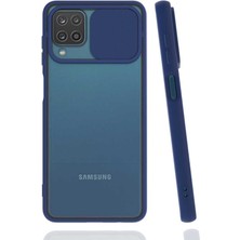 noktaks - Samsung Galaxy A12 - Kılıf Slayt Sürgülü Arkası Buzlu Lensi Kapak - Lacivert - T18094
