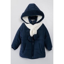 Yeni Sezon Içi Kürklü Cepli Kapüşonu Varaklı Kaşkolu Ponponlu Kışlık Çocuk Kaban-Mont