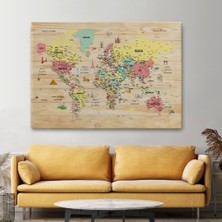 Narnuga Teknoo- Ahşap Görünümlü Türkçe Dünya Haritası Sembollü Eğitici Kanvas Tablo 2935