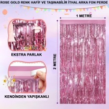 Ekstra Metalize Parlak Saçaklı Arka Fon Perde Rose Gold