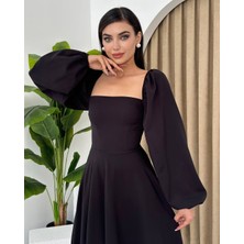 Zishan Fashion Prenses Kesim Balon Kol Kare Yaka Midi Boy Kadın Elbise 011