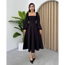 Zishan Fashion Prenses Kesim Balon Kol Kare Yaka Midi Boy Kadın Elbise 011