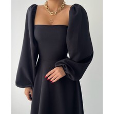 Zishan Fashion Prenses Kesim Balon Kol Kare Yaka Midi Boy Kadın Elbise 011