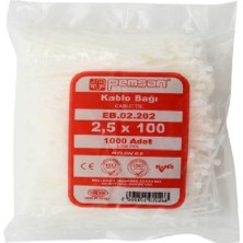 Pemsan - 1000 Adet -10CM x 2,5mm Plastik Cırt Kelepçe - Kablo Bağı - Saydam - Beyaz Kablo Klipsi