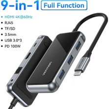 Vention 9'un 1'i Type-C Hub Çoklayıcı CE/FC/ROHS Lisanslı 4K Hdm/Usb C Pd/Tf Kart/Sd Kart/Ssb A/Usb C/PD100W/3.5mm/RJ45/EN Son Nesil Teknoloji Çoklayıcı Dönüştürücü Orjinal Safir Metal ve Şık