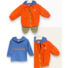 Little Tortoise Erkek Bebek Turuncu Gömlek Yaka Mont Uzun Kollu Kapüşonlu Sweatshirt Pantolonlu 3'lü Takım