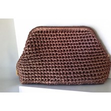 Kahverengi Deri Görünümlü Altın Rengi Zincir Askılı El Yapımı Clutch Çanta