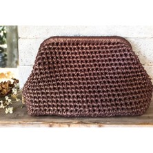 Kahverengi Deri Görünümlü Altın Rengi Zincir Askılı El Yapımı Clutch Çanta