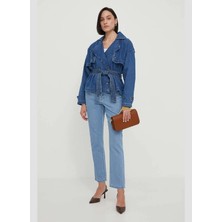 Kemerli Koyu Mavi Kadın Denim Ceket PL402380