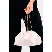 Krem Kadın Saten Clutch Abiye Çanta