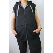 Unisex Normal Kalıp Fermuarlı Kapüşonlu 3 Iplik Siyah Kışlık Yelek