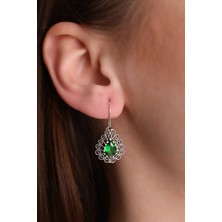 925 Ayar Gümüş Zümrüt Taşlı Damla Model Oksitli Telkari Kadın Küpe