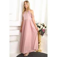 Pantulux Genç Kız Açık Pembe Uzun Boydan Parlak Monoray Simli Kumaş Abiye Elbise Özel Gün KIYAFETI-ABY-2029
