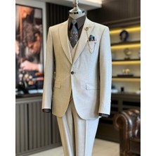 İtalyan Stil Ceket Yelek Pantolon Takım Elbise Bej T12811