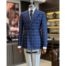 İtalyan stil slim fit ekose kruvaze erkek tek ceket lacivert T12892