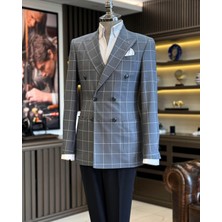 İtalyan stil slim fit ekose kruvaze erkek tek ceket gri T12893