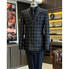İtalyan stil slim fit ekose kruvaze erkek tek ceket siyah T12895