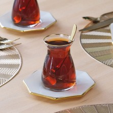 Glore Sekizgen Krem Altın Yaldızlı 6 Kişilik Cam Çay Tabağı Takımı
