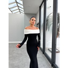 Madonna Yaka Etek Ucu Geniş Maxi Elbise