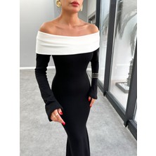 Madonna Yaka Etek Ucu Geniş Maxi Elbise