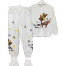 Little Tortoise Kız Çocuk Parlak Taş Işlemeli Ponponlu Sevimli Geyik Baskılı Alt / Üst Sweatshirt Takım