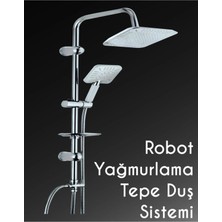 Yağmurlama Robot Tepe Duş Sistemi Kare Başlık Beyaz-Pirinç Yönlendirici-Örgülü Duş Hortumu-Sabunluk