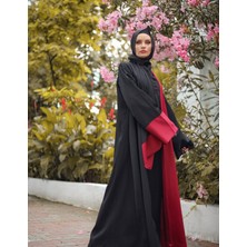 Harika Wear Siyah Bordo Renklerinden Ferace Abaya Takımı (Abaya - Elbise - Şal)