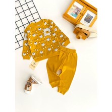 Neşeli Bebekler Sevimli Ayıcıklar Baskılı Desen Iki Iplik Penye Kumaş Takım Sarı