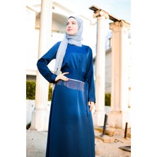 Harika Wear Saten Mavi Kemerli Elbise
