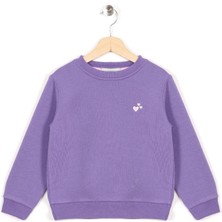 Bisiklet Yaka Uzun Kol Kalp Nakıslı Mor Renk Kız Çocuk Sweatshirt