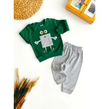 Neşeli Bebekler Baskılı Önden Cepli Penye Takım Yeşil