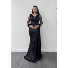 Saten Kumaş Kolları Otrişli Boncuk Detaylı Balık Elbise - Siyah