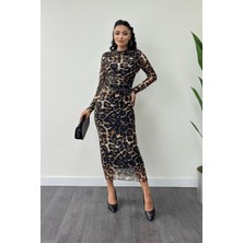 Tül Kumaş Drape Detaylı Kalem Elbise - Leopar