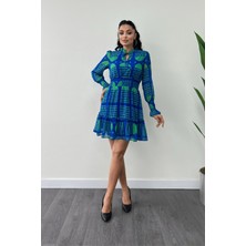 Şifon Kumaş Beli Lastik Detaylı Mini Elbise - Saks Mavi