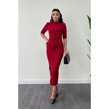 Krep Kumaş Inci Detaylı Kalem Elbise - Kırmızı