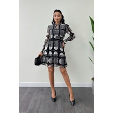 Şifon Kumaş Beli Lastik Detaylı Mini Elbise - Siyah