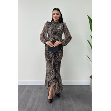 Şifon Kumaş Büzgü Detaylı Kalem Elbise - Leopar