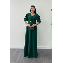 Ithal Krep Kumaş Balon Kol Inci Detaylı Maxi Elbise - Zümrüt Yeşil