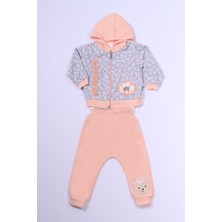 HÇM Kız Çocuk 3'lü Takım Ayıcık Baskılı Kapşonlu Fermuarlı B68