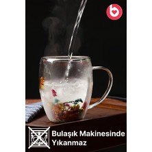 Bizimevde Çift Cidarlı 250ML Kulplu Cam Kupa - Çiçekli