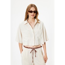 Koton Crop Oversize Gömlek Viskon Keten Karışımlı Düğmeli Kısa Kollu Cepli